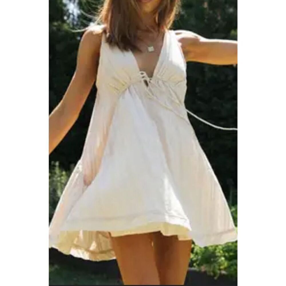 Sweetkarma Womens Plunge Cinched‎ Tie Sleeveless Swing Dress Apricot Large NWT